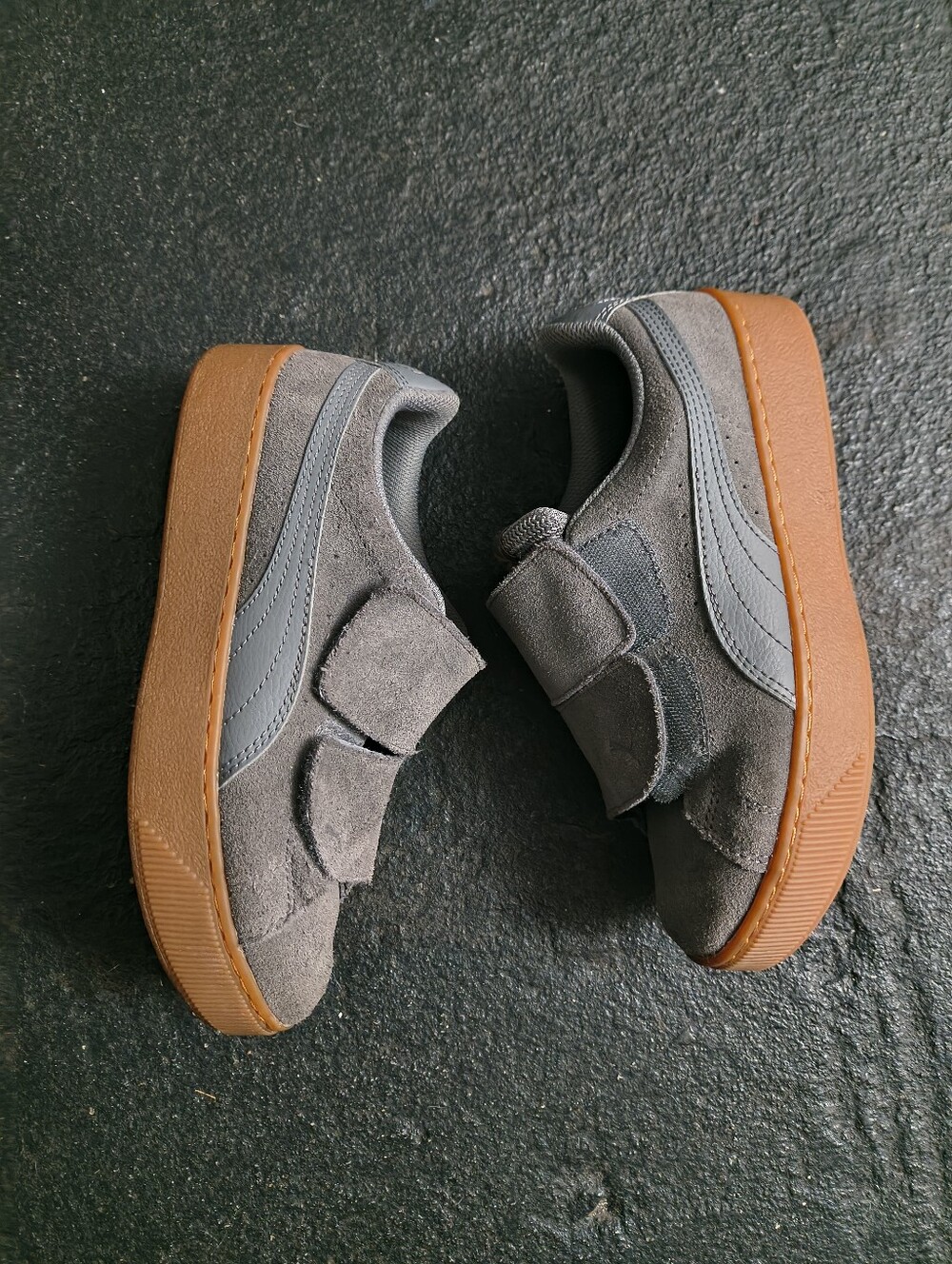 Puma Women Gray Suede Velcro Sneakers with Gum Sole